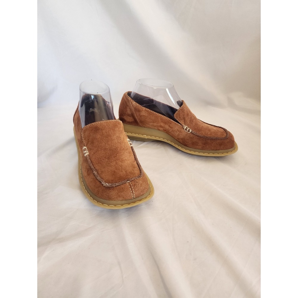VTG Y2K Passports Tan Suede Chunky Wedge Loafers Womens 7.5M Slip On Moc Toe
